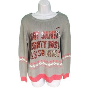 NWOT Faith & Zoe Gray & Pink Sequin Ugly Christmas Sweater Womens Size M